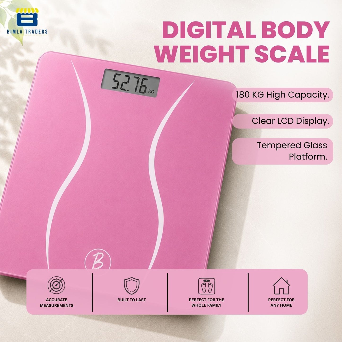 Bimla Traders Premium Digital Body Weight Scale | 26×26 cm Wide Platform | Clear LCD Display | Anti-Skid Base | 180 kg Capacity Cross Design
