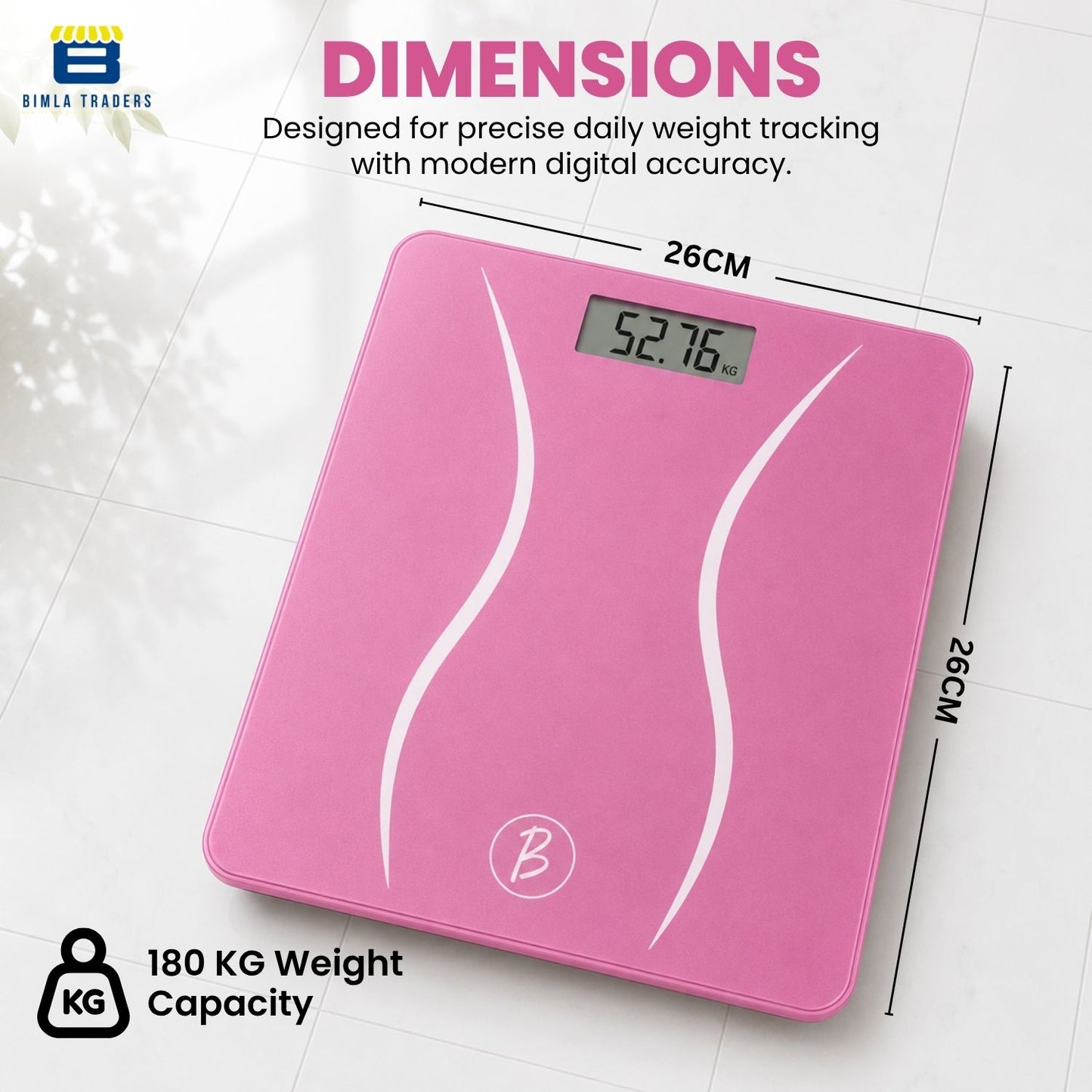 Bimla Traders Premium Digital Body Weight Scale | 26×26 cm Wide Platform | Clear LCD Display | Anti-Skid Base | 180 kg Capacity Cross Design