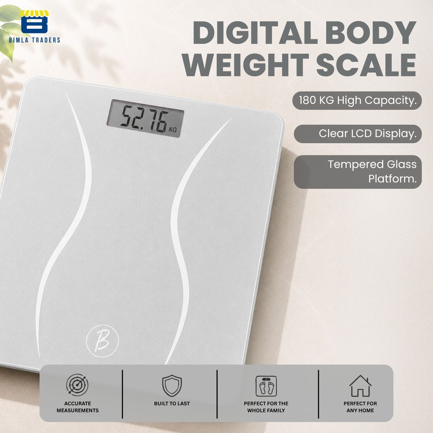 Bimla Traders Premium Digital Body Weight Scale | 26×26 cm Wide Platform | Clear LCD Display | Anti-Skid Base | 180 kg Capacity Cross Design