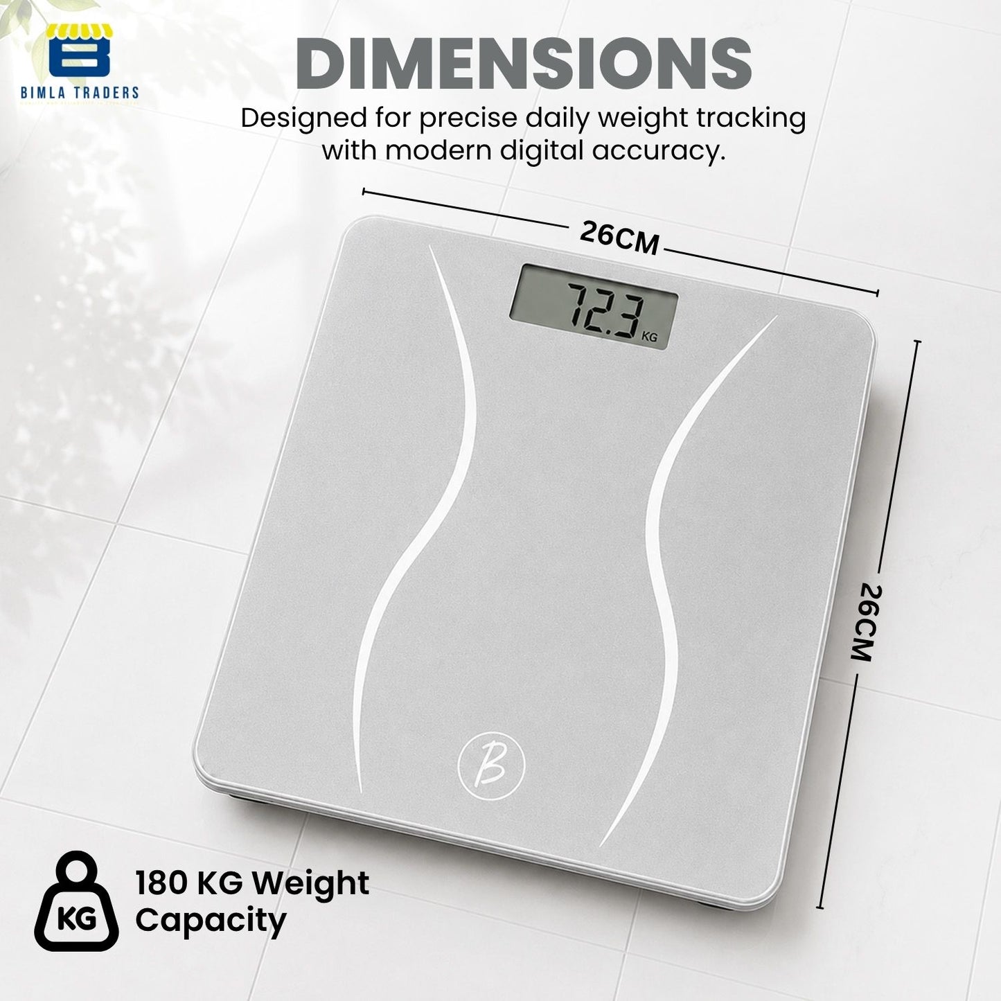 Bimla Traders Premium Digital Body Weight Scale | 26×26 cm Wide Platform | Clear LCD Display | Anti-Skid Base | 180 kg Capacity Cross Design
