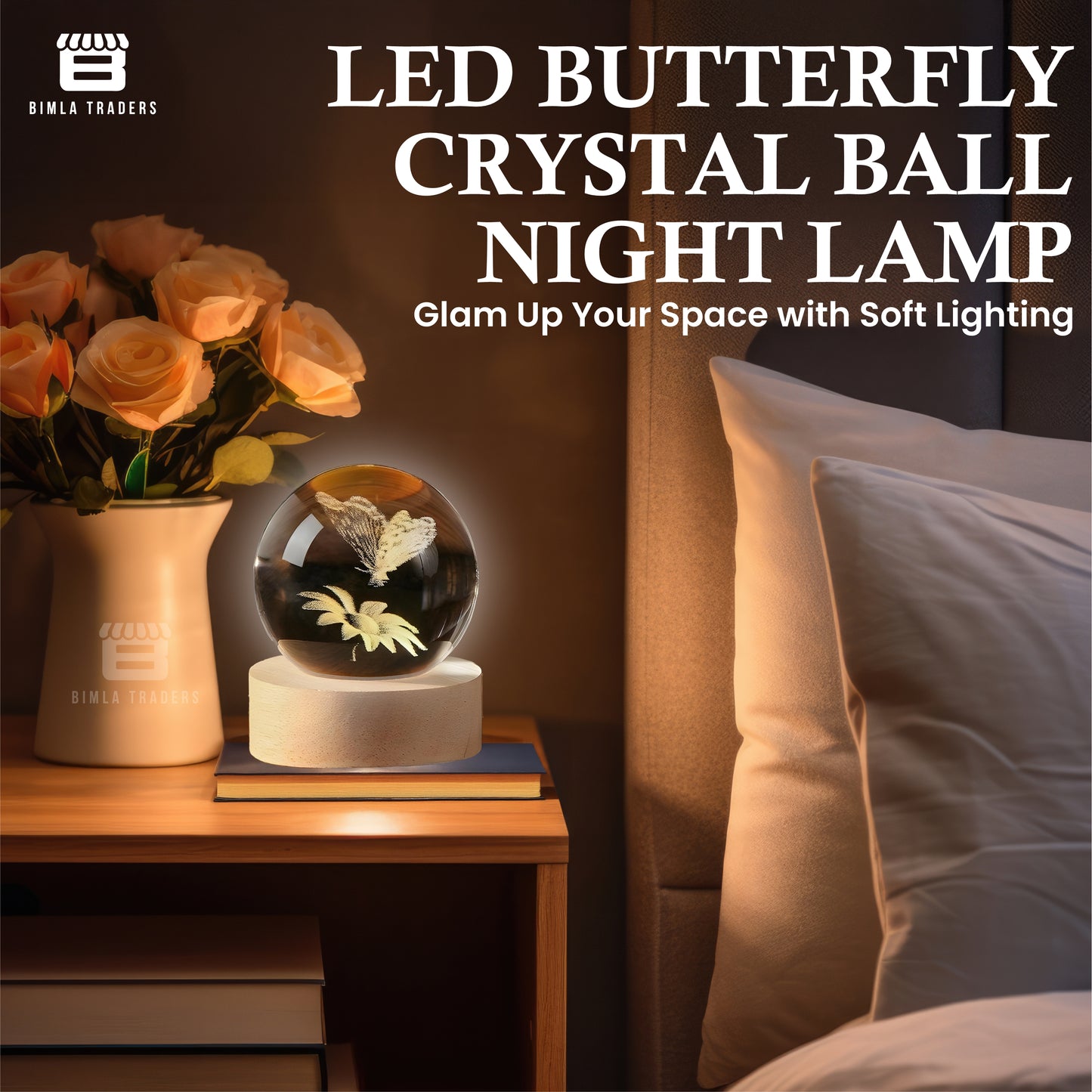 CRAE 3D Crystal Sunflower with Butterfly Night Lamp LED Decoration Table Light with Wooden Stand for Bedside, Home Office Decor (Butterfly Sunflower)