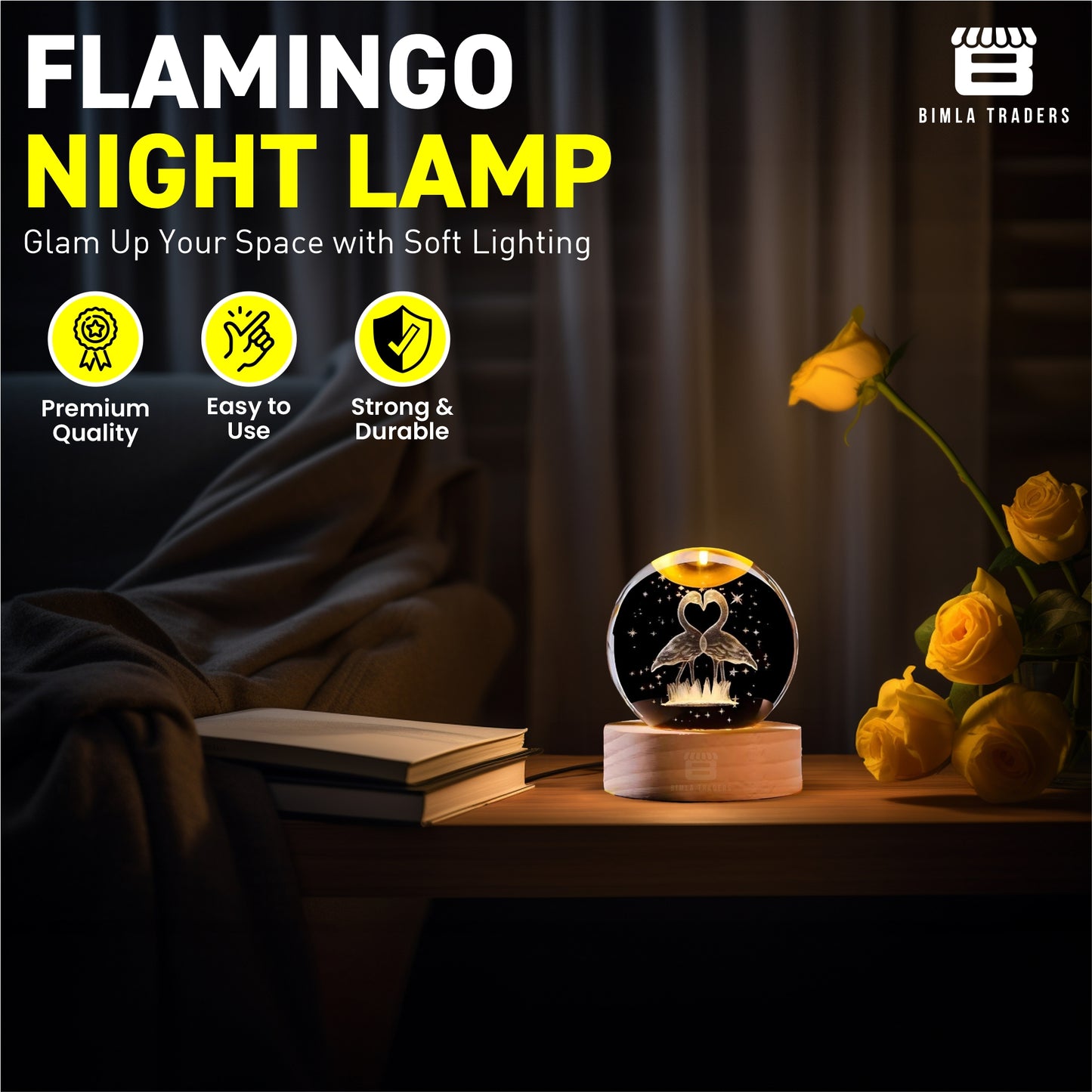 CRAE 3D Crystal Flamingo Ball Night Lamp | Glass Ball Night LED Lamp with Wooden Base for Couple, Home, Office, Birthday Gift | Symbol for Love | (Flamingo)
