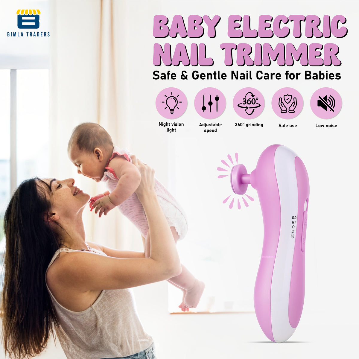 Bimla Traders Baby Nail Trimmer with Grinding Heads, Electric Nail File for Newborns, Infants & Toddlers, Gentle & Safe Nail Care Kit, Quiet Operation, Baby Manicure Set.