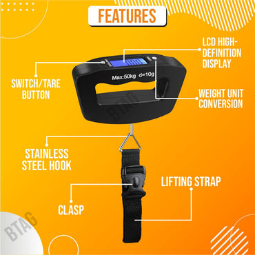 Btag Electronic Portable Digital LED Screen Luggage Weighing Scale|Handheld Travel Weight Measuring Scale for Suitcases, Bags&Baggage,50 kg/110 Lb For Multi-Purpose Use Pack of 1 (A09)