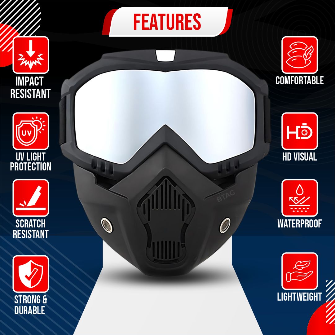 BTfash Anti Scratch UV Protective Motorcycle Face Mask with Detachable Goggles | Anti-Fog UV Protection Riding Mask with Removable Breathable Filter | Full Face Windproof Shield for Biking.(Silver)