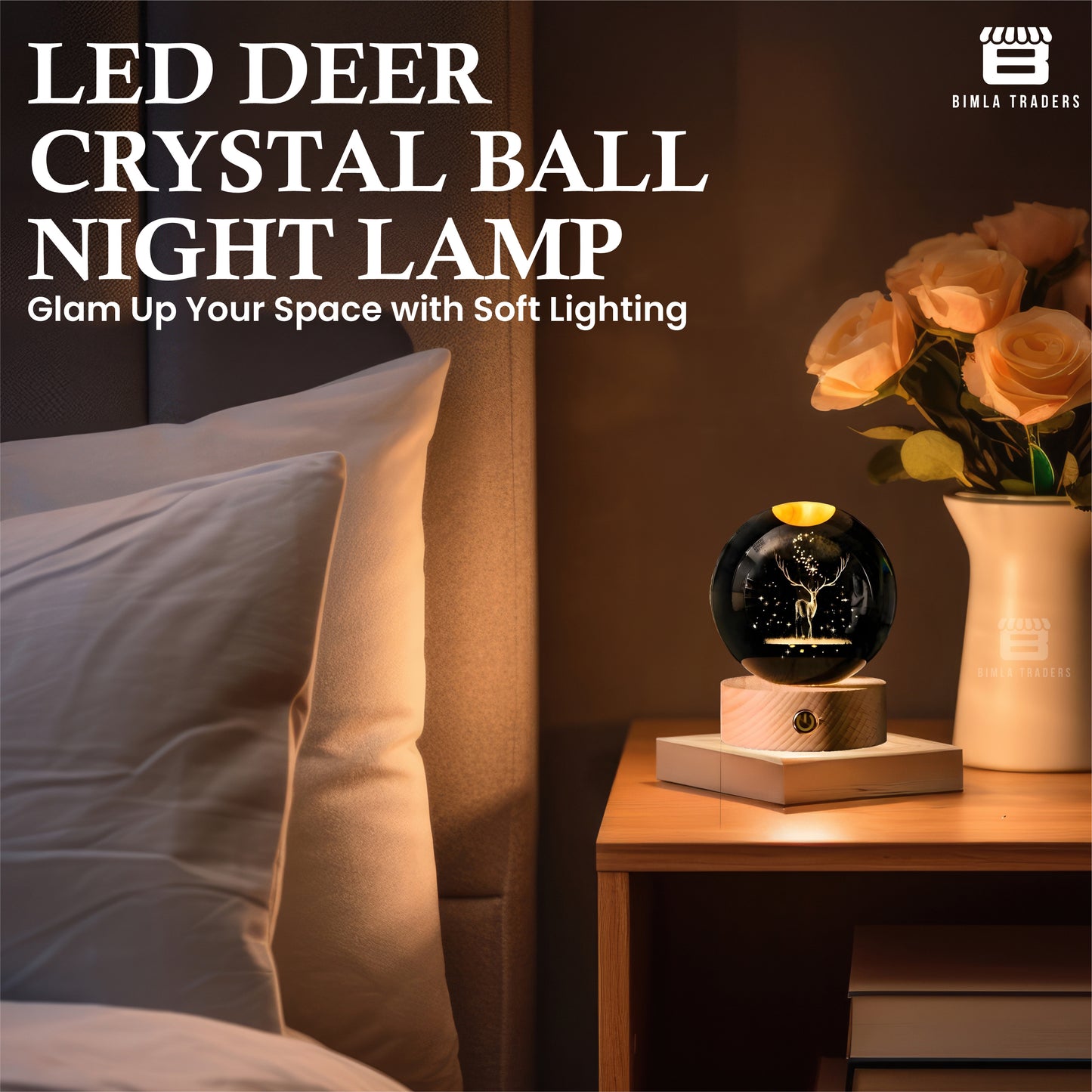 CRAE 3D Deer Crystal Ball Night Lamp, LED Glass Ball Table Lamp with Wooden Base for Home Decor, Office, Birthday Gift (Deer)