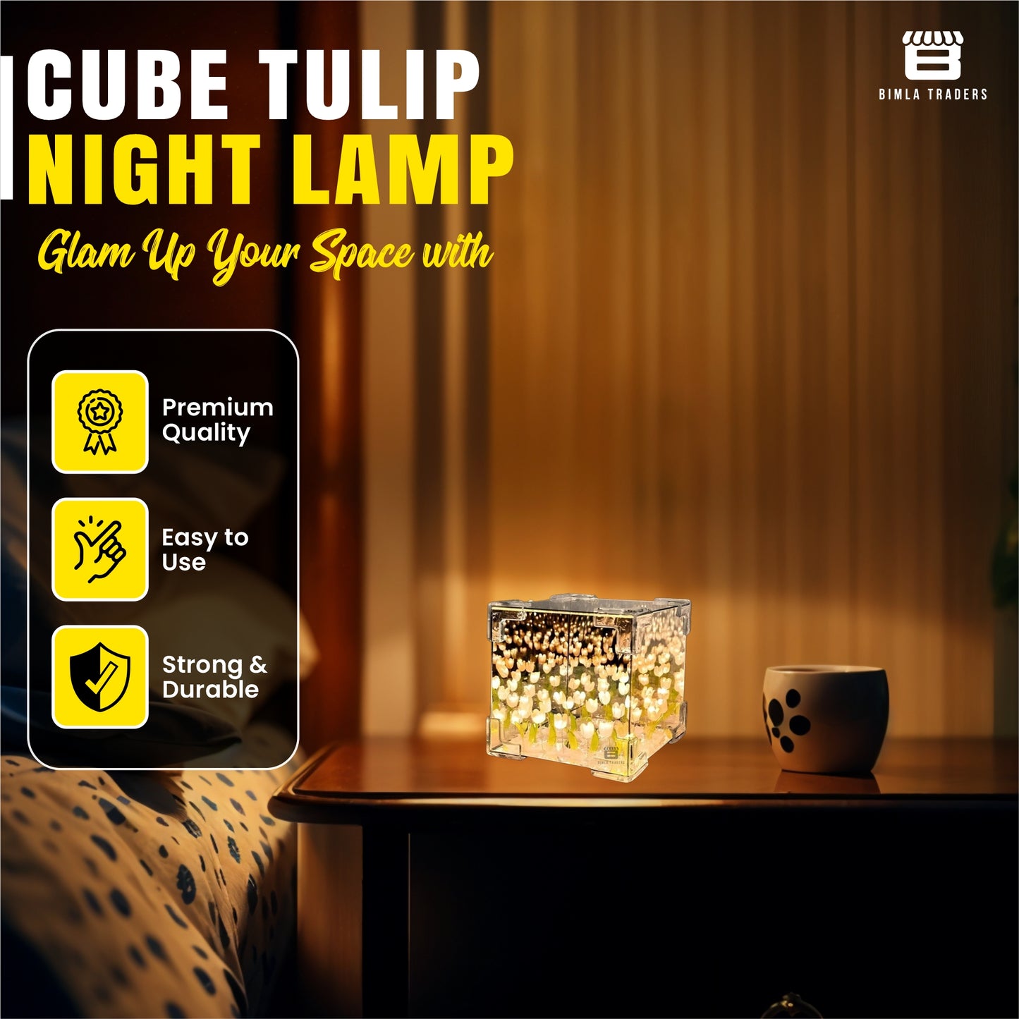 CRAE Mirror Cube Tulip Lamp | DIY Flowers Led Decorative Lamp | Table Ornaments for Bedroom | Gifts for Woman | Valentine Gift (Cube Tulip)