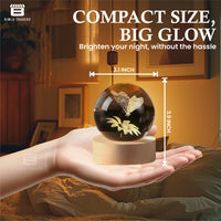 CRAE 3D Crystal Sunflower with Butterfly Night Lamp LED Decoration Table Light with Wooden Stand for Bedside, Home Office Decor (Butterfly Sunflower)