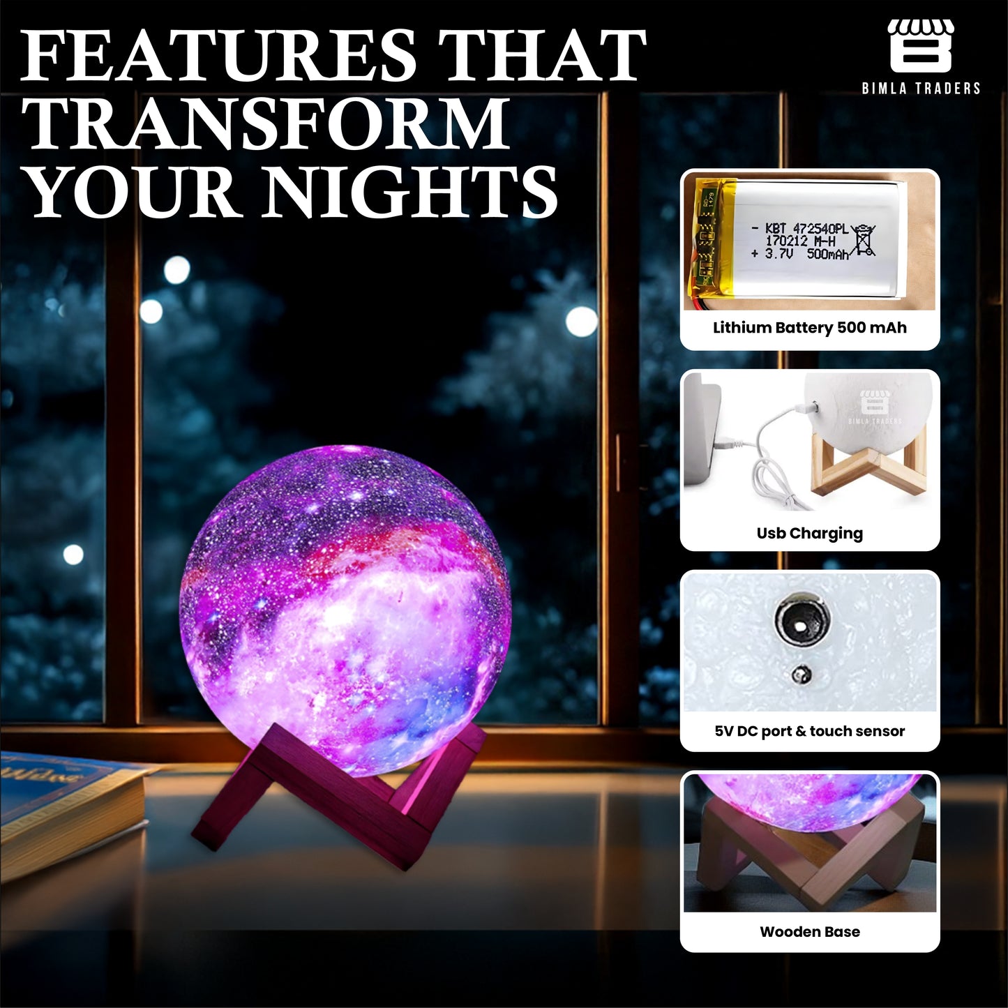 CRAE 3D Galaxy Moon Lamp Decor, Night Light with Wooden Stand | Touch Control LED Moon | Cool Decorative for Unisex