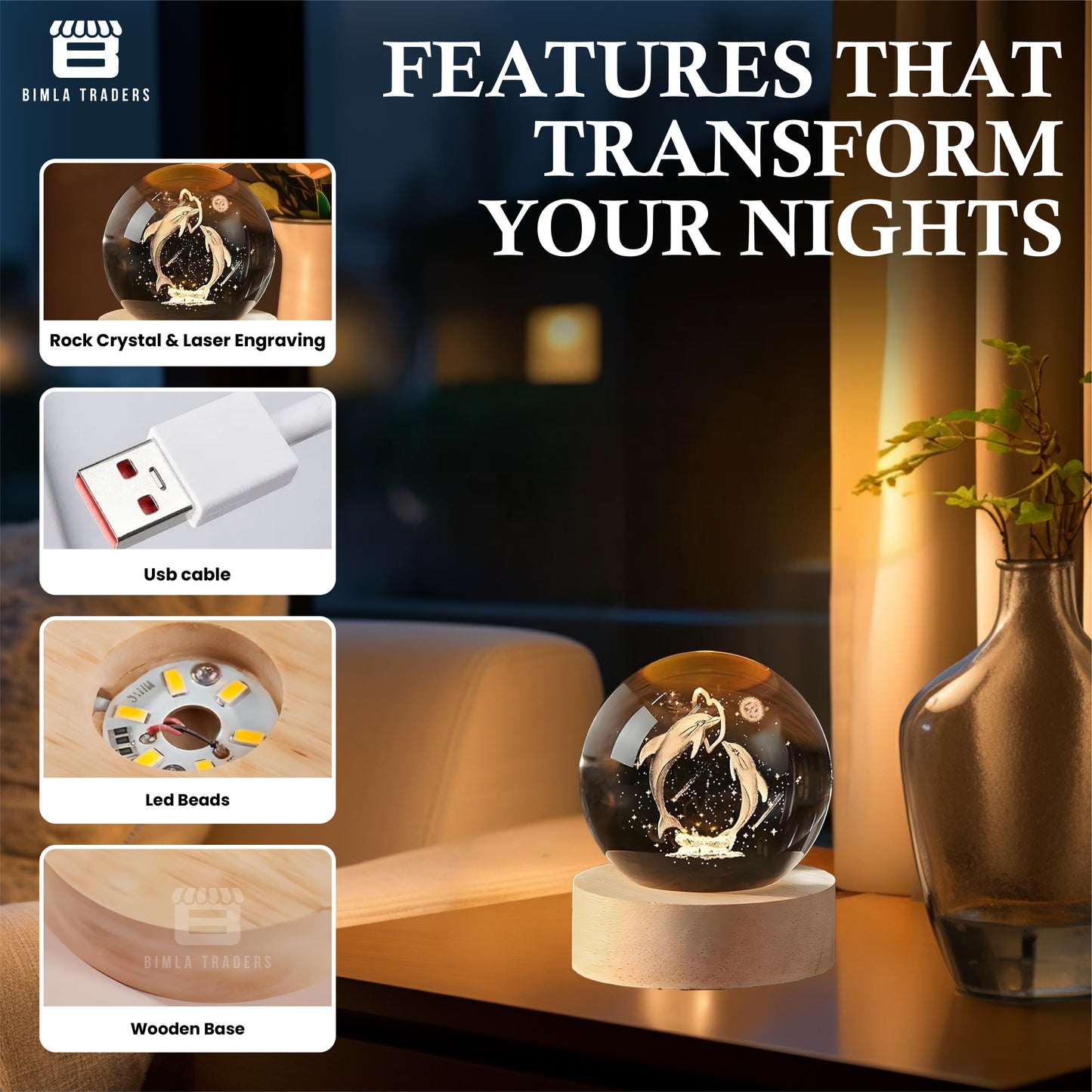 CRAE 3D Dolphin Crystal Ball Night Lamp | Table LED Light with Wooden Stand for for Home Decor, Birthday Gift for Teens Boys and Girls | (Heart Dolphin)