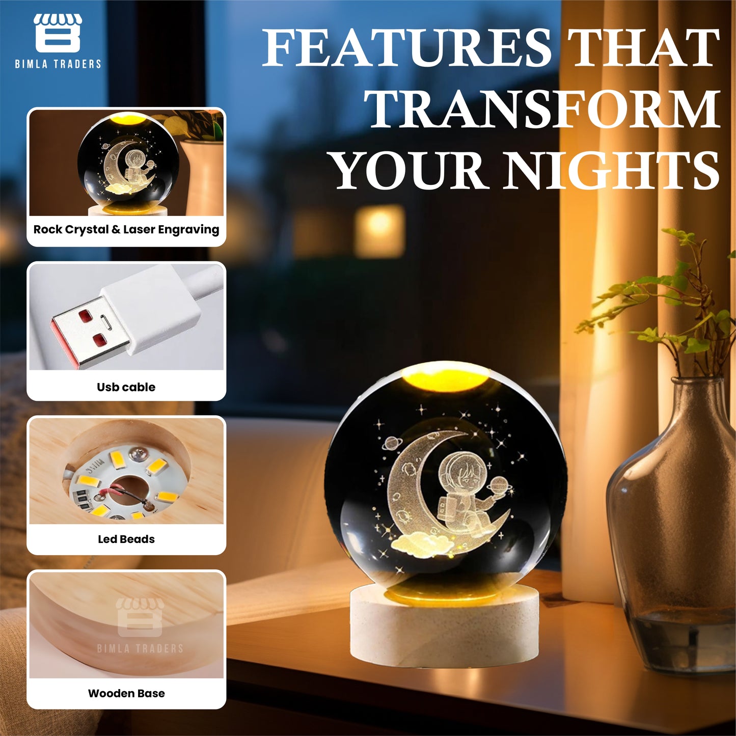 CRAE 3D Crystal Night Lamp Ball - Astronaut, LED Light with Wooden Base, Creative lamp for Home Office Decoration,Best for Gifting (Astronaut)