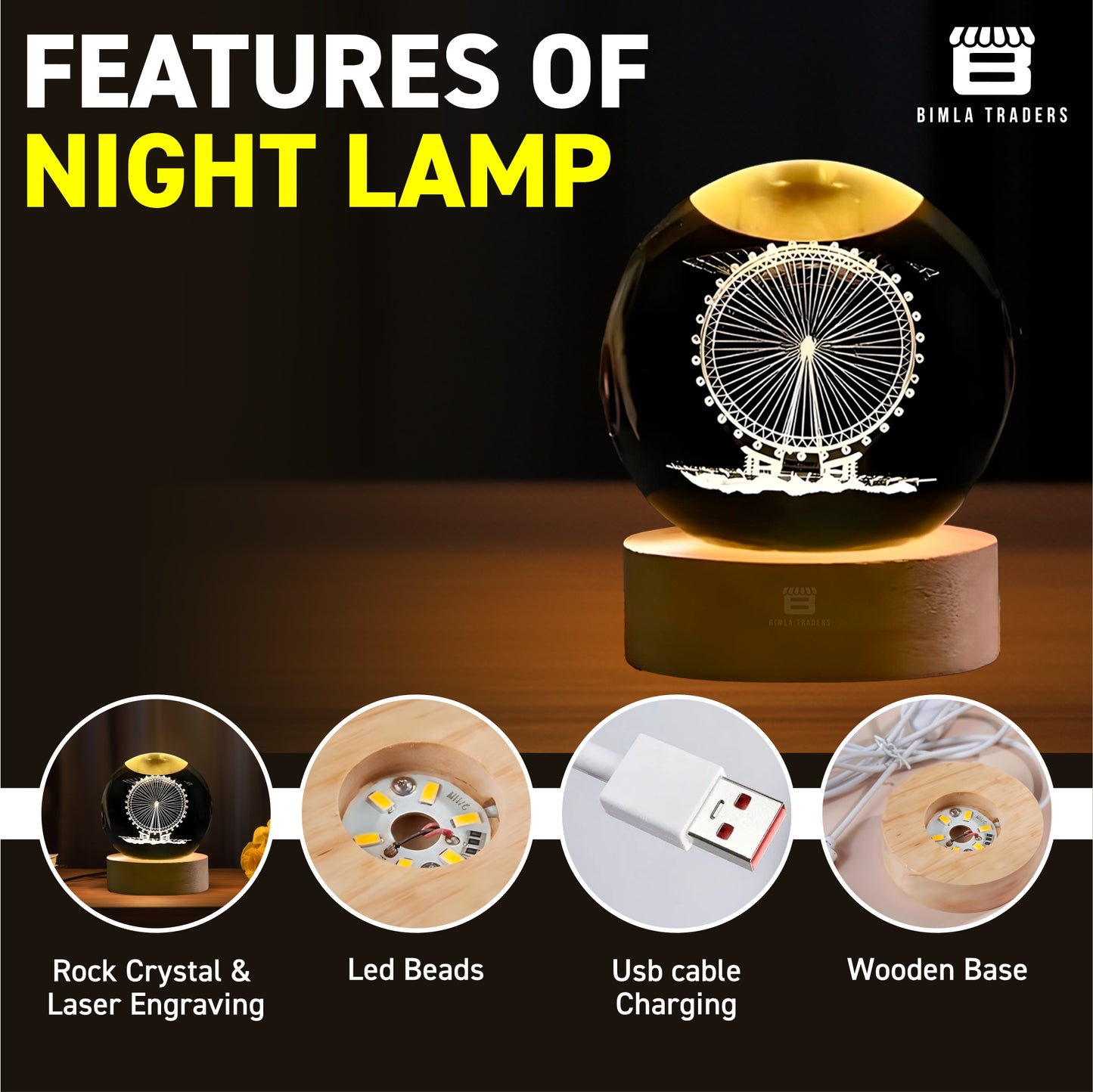 CRAE 3D Ferris Wheel Night Lamp, Creative Engraved Crystal Ball Night Light for Home Decoration Best Gift for Any Occasion (Ferris Wheel)