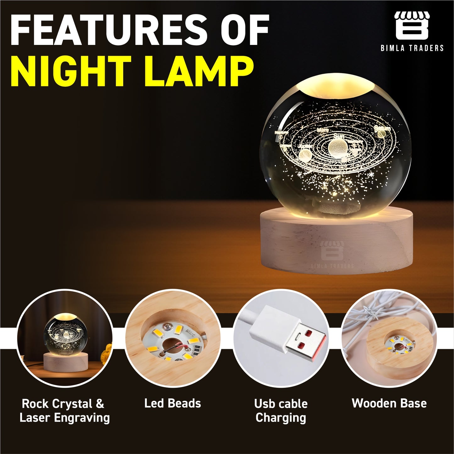 CRAE 3D Solar System Crystal Ball Night Light, Planet Ball for Bedrooms, Table LED Lamp with Woodern Base for Teens Boys and Girls
