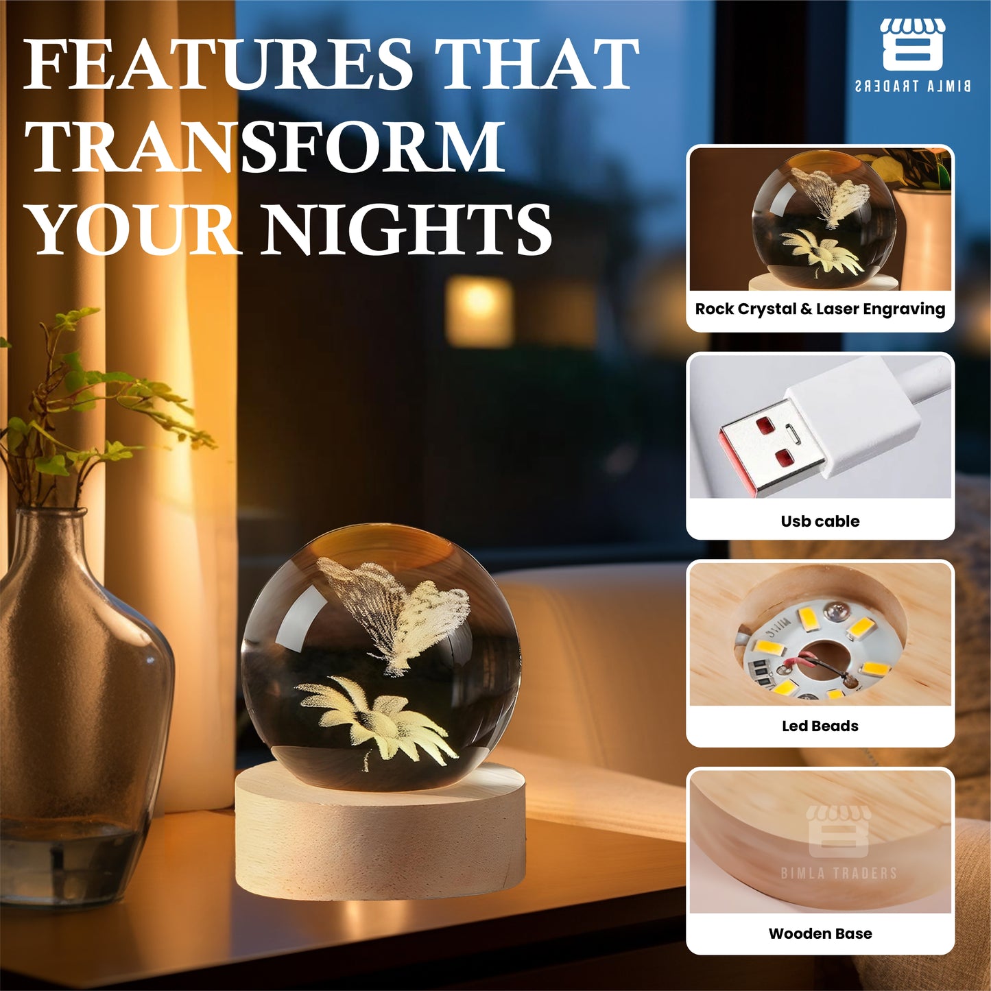 CRAE 3D Crystal Sunflower with Butterfly Night Lamp LED Decoration Table Light with Wooden Stand for Bedside, Home Office Decor (Butterfly Sunflower)