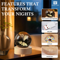 CRAE 3D Crystal Sunflower with Butterfly Night Lamp LED Decoration Table Light with Wooden Stand for Bedside, Home Office Decor (Butterfly Sunflower)