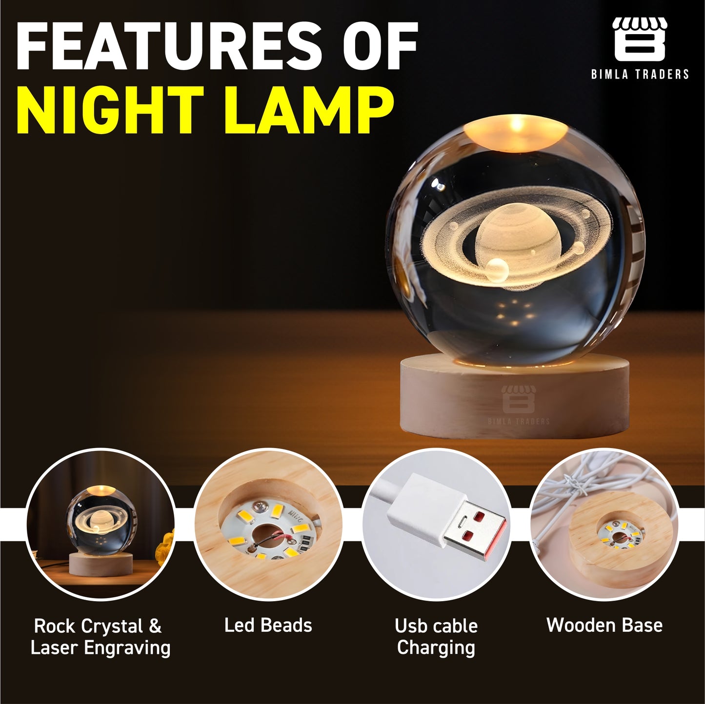 CRAE 3D Saturn Crystal Ball Night Lamp, Galaxy Light Ball with Wooden Base, Perfect for Home Decor, Office, Birthday Gift & Kids Bedroom