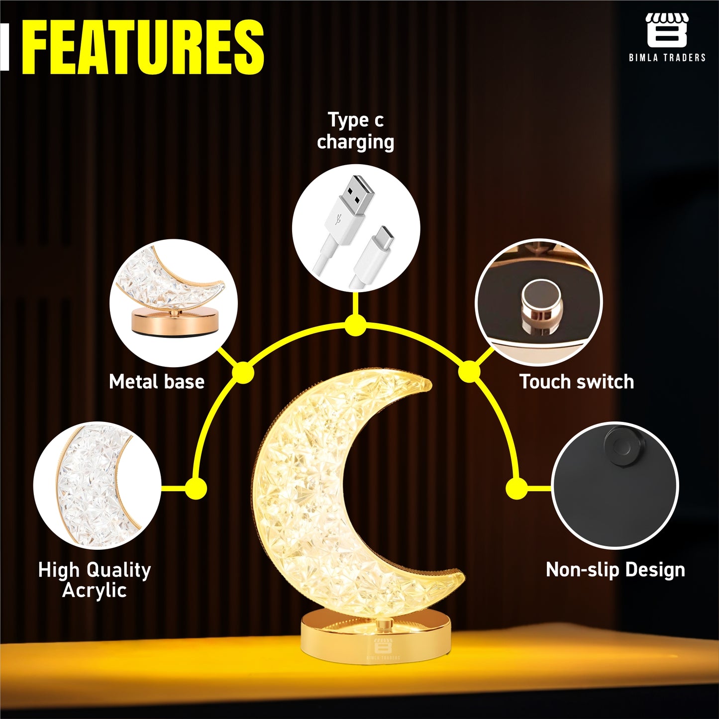 CRAE Crystal Half Moon Shape Night Lamp | Ideal for Bedroom | Desk Lamp for Bedroom, Home, Living | (Moon Shape)