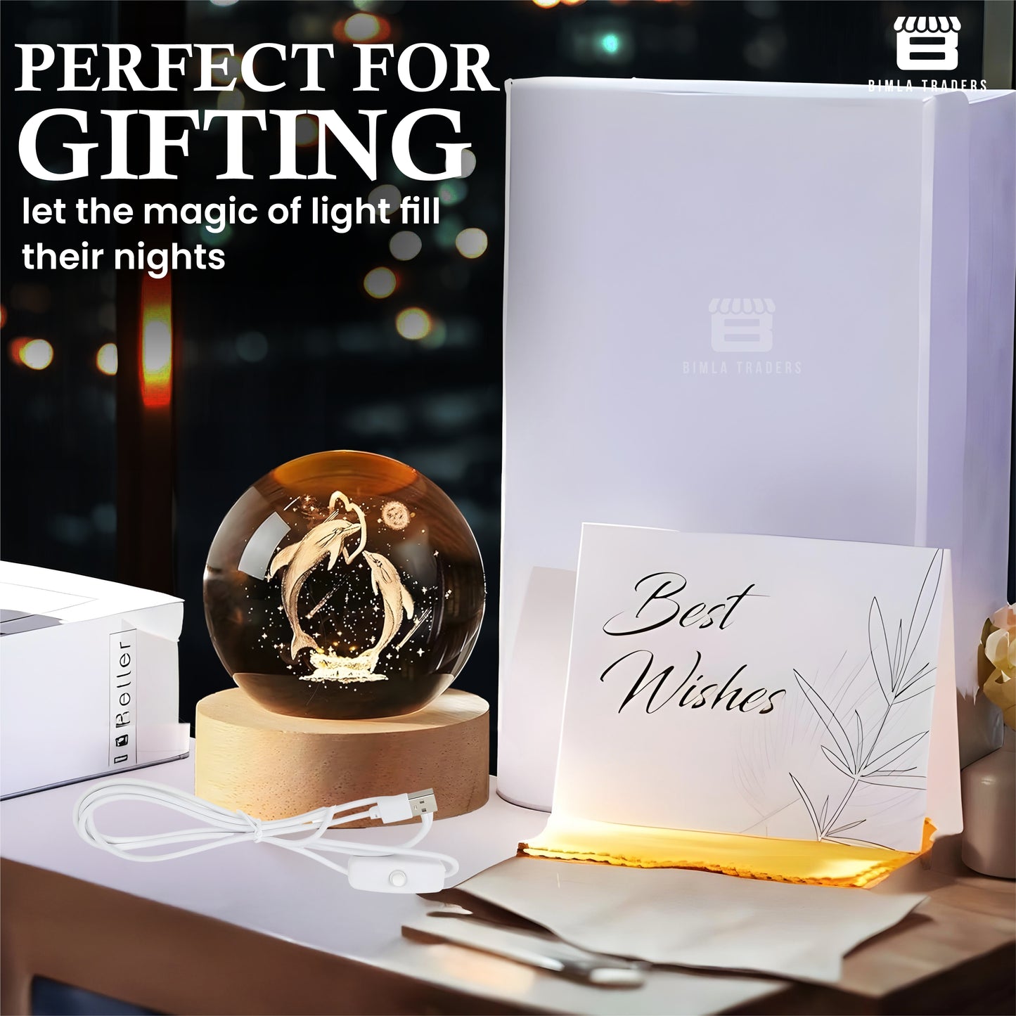 CRAE 3D Dolphin Crystal Ball Night Lamp | Table LED Light with Wooden Stand for for Home Decor, Birthday Gift for Teens Boys and Girls | (Heart Dolphin)