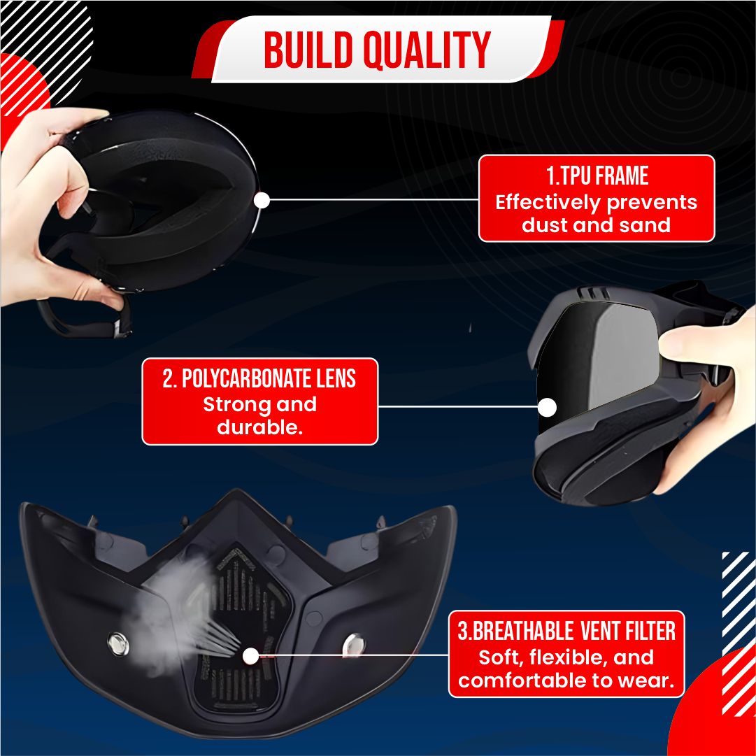 BTfash Anti Scratch UV Protective Motorcycle Face Mask with Detachable Goggles | Anti-Fog UV Protection Riding Mask with Removable Breathable Filter | Full Face Windproof Shield for Biking.(Black)