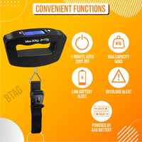 Btag Electronic Portable Digital LED Screen Luggage Weighing Scale|Handheld Travel Weight Measuring Scale for Suitcases, Bags&Baggage,50 kg/110 Lb For Multi-Purpose Use Pack of 1 (A09)