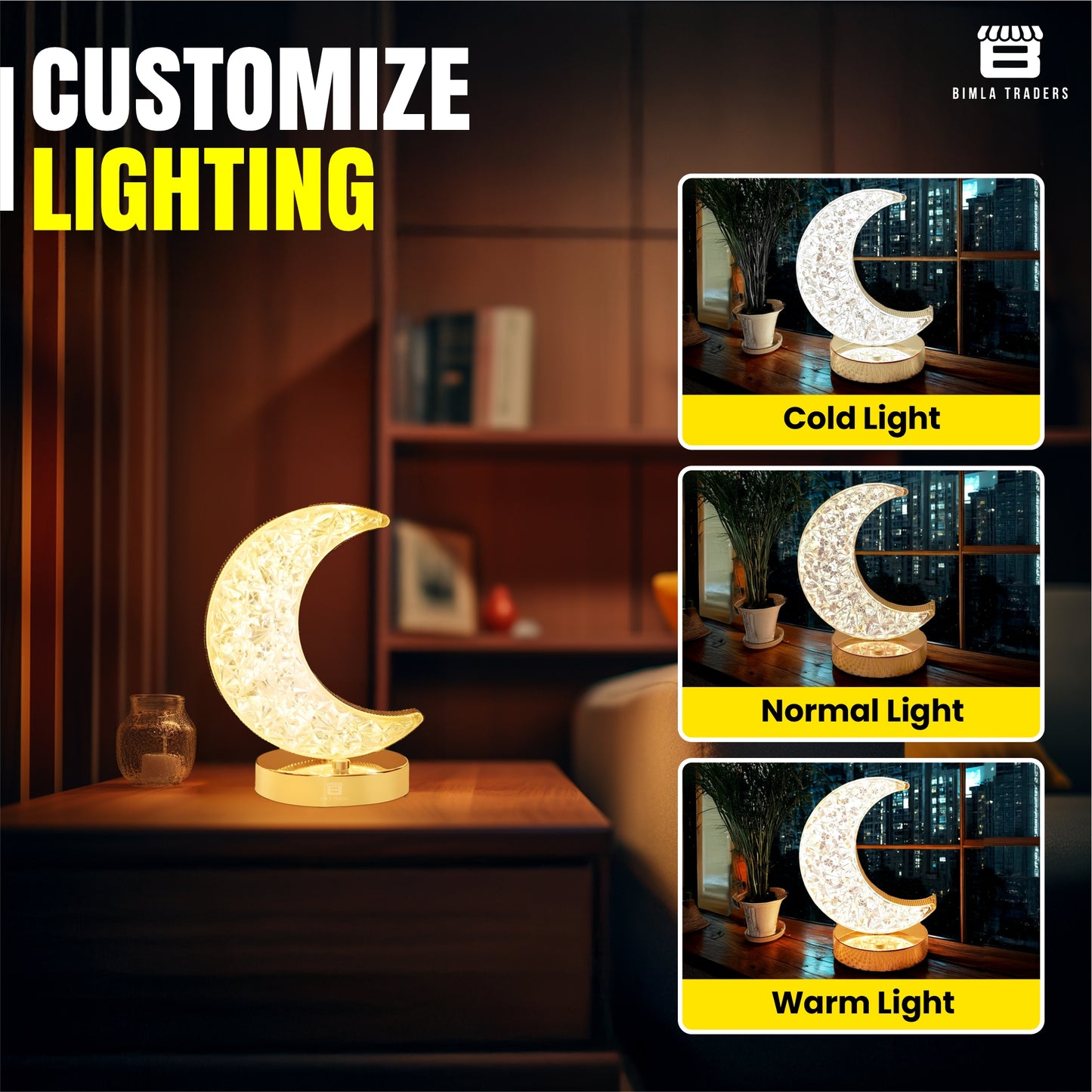 CRAE Crystal Half Moon Shape Night Lamp | Ideal for Bedroom | Desk Lamp for Bedroom, Home, Living | (Moon Shape)