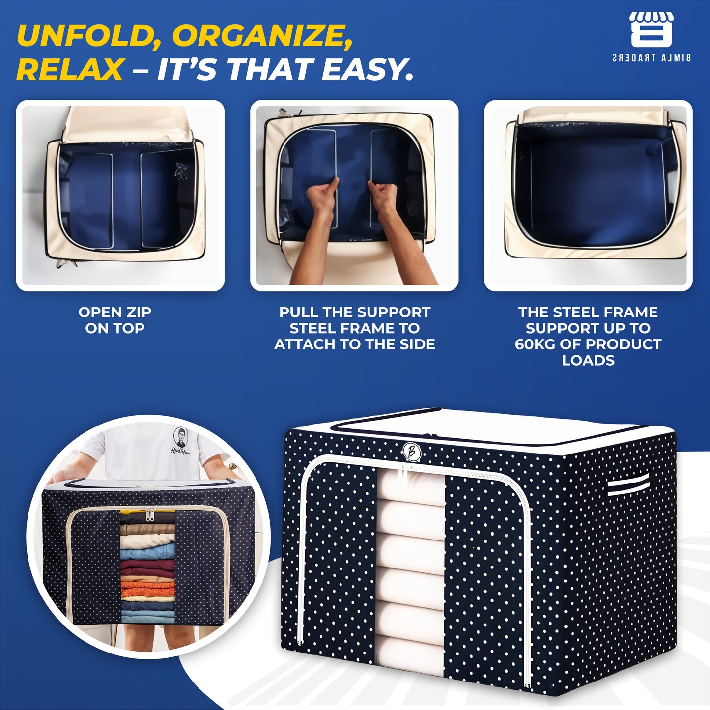 BTfash Clothes, Foldable Clothes Storage Baskets for Wardrobe, Books, Saree, Shirts, Stationery Paper, Document Toy,and Blankets Storage Box with Handles|Assorted | 66 Liter |