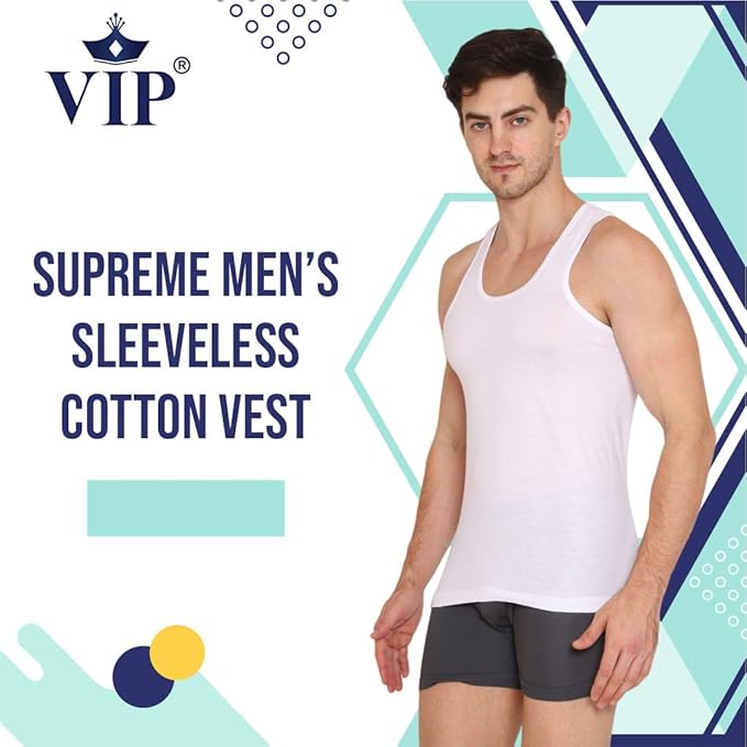 VIP Supreme Mens Round Neck Sleeveless Cotton Vest. Pack of 1 (White/Assorted)