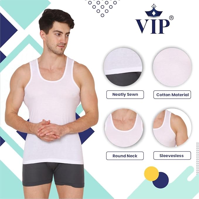 VIP Supreme Mens Round Neck Sleeveless Cotton Vest. Pack of 1 (White/Assorted)