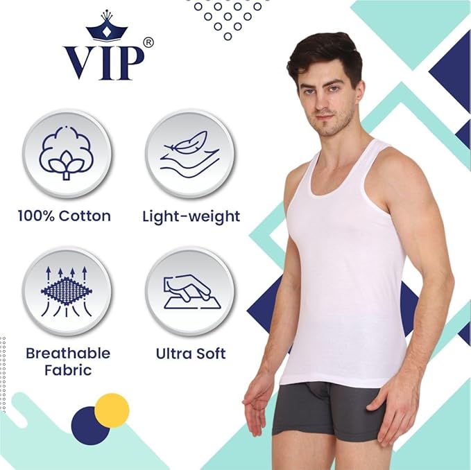 VIP Supreme Mens Round Neck Sleeveless Cotton Vest. Pack of 1 (White/Assorted)