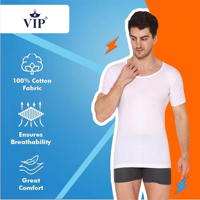 VIP Supreme Mens Round Neck Half Sleeve Cotton Vest. Pack of 1 (White/Assorted)