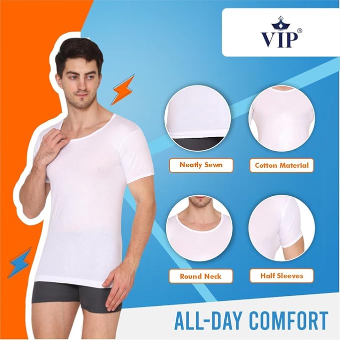 VIP Supreme Mens Round Neck Half Sleeve Cotton Vest. Pack of 1 (White/Assorted)