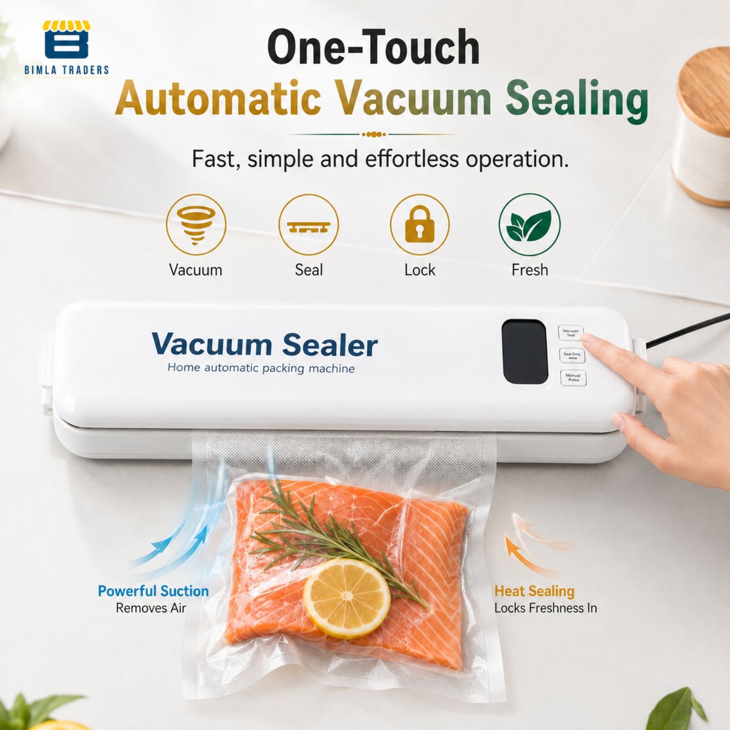 Bimla Traders Vacuum Sealer Machine – Food Preservation & Vacuum Packaging for Snacks, Vegetables, Meat | Small Kitchen Appliance for Home & Garden | Easy Vacuum Sealing for Freshnes. Pack of 1