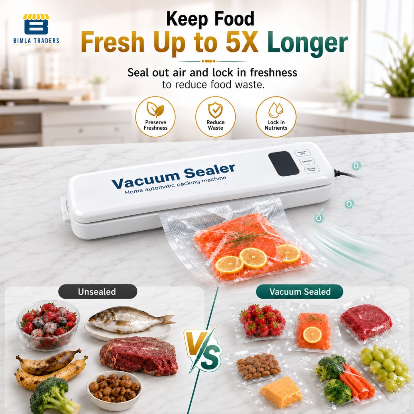 Bimla Traders Vacuum Sealer Machine – Food Preservation & Vacuum Packaging for Snacks, Vegetables, Meat | Small Kitchen Appliance for Home & Garden | Easy Vacuum Sealing for Freshnes. Pack of 1