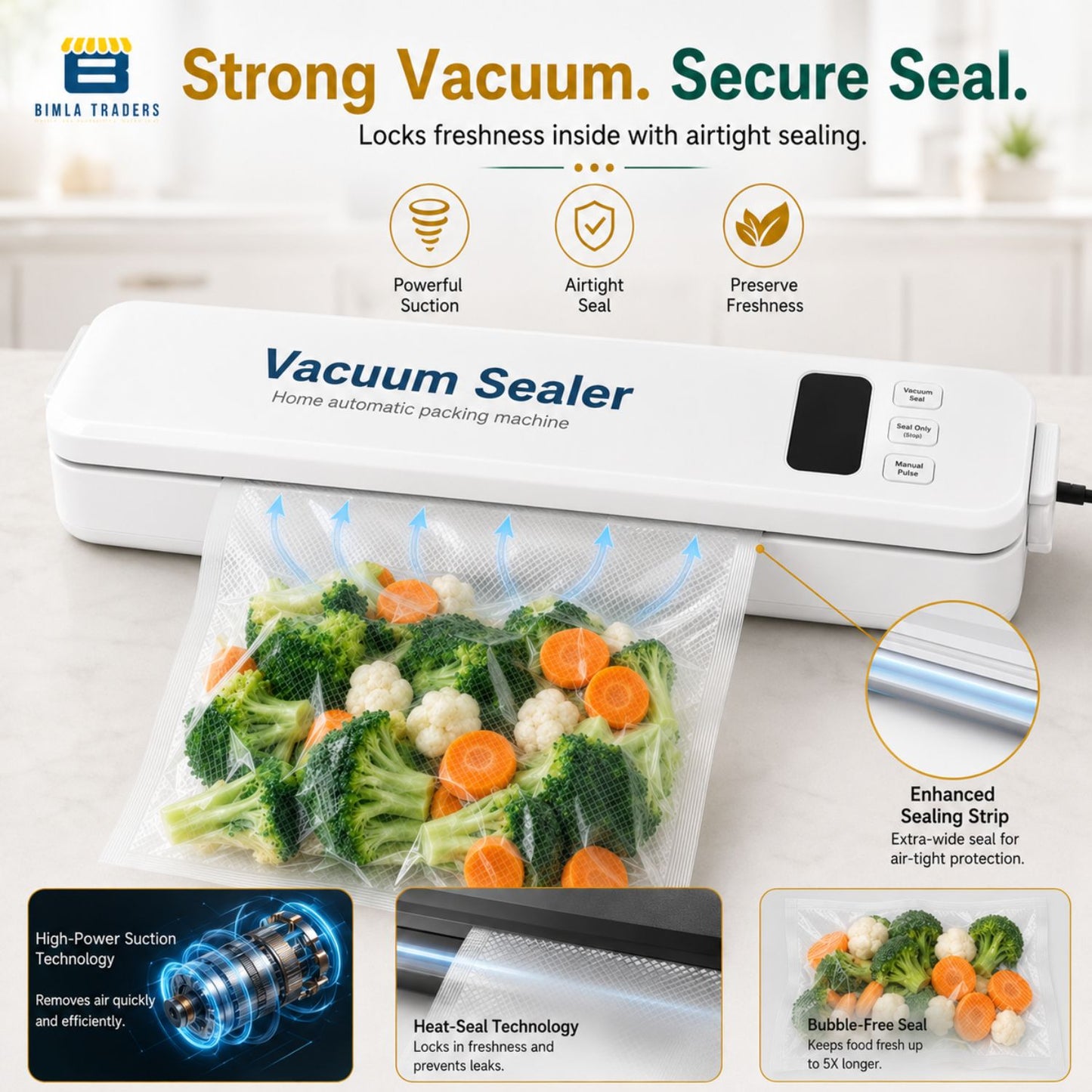 Bimla Traders Vacuum Sealer Machine – Food Preservation & Vacuum Packaging for Snacks, Vegetables, Meat | Small Kitchen Appliance for Home & Garden | Easy Vacuum Sealing for Freshnes. Pack of 1