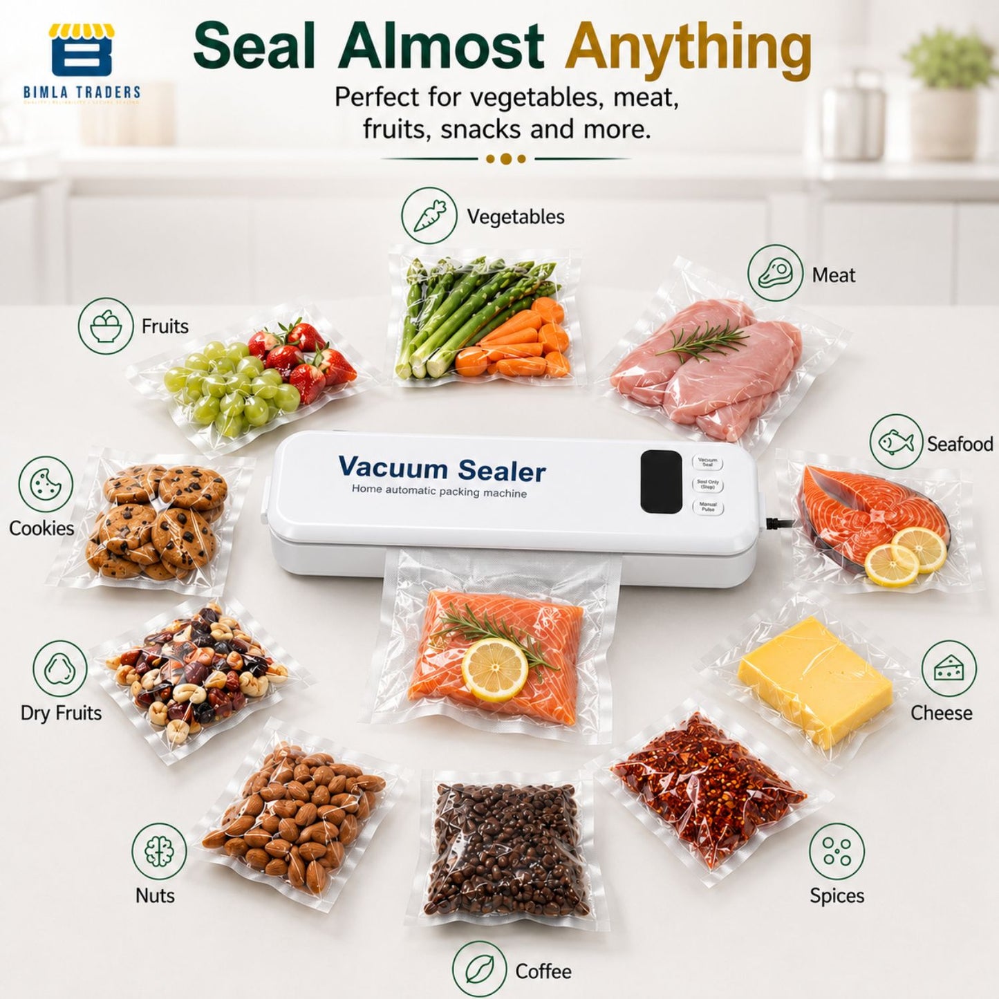 Bimla Traders Vacuum Sealer Machine – Food Preservation & Vacuum Packaging for Snacks, Vegetables, Meat | Small Kitchen Appliance for Home & Garden | Easy Vacuum Sealing for Freshnes. Pack of 1