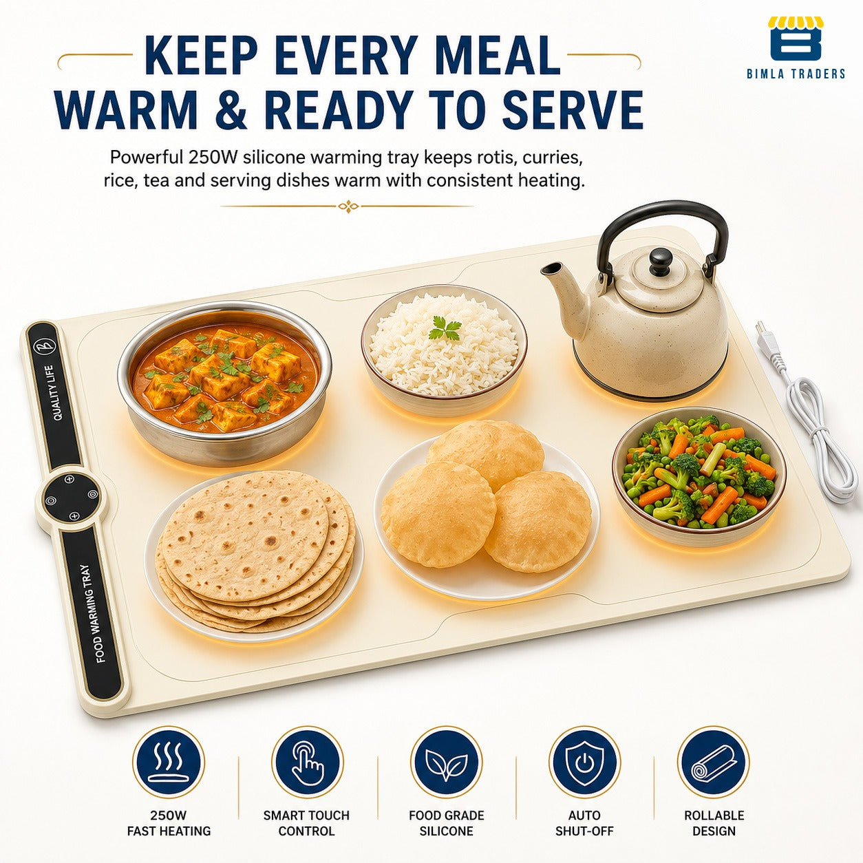 Bimla Traders Electric Silicone Food Warming Tray 250W | Portable Rollable Heating Mat | Smart Touch Temperature | Auto Safety Shut-Off