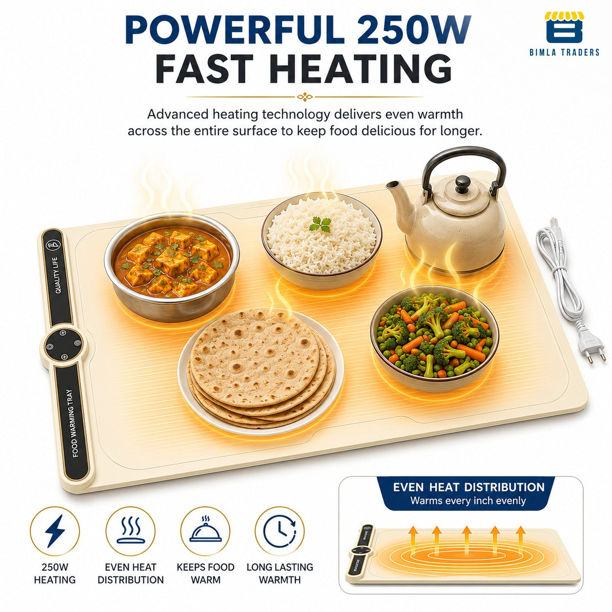 Bimla Traders Electric Silicone Food Warming Tray 250W | Portable Rollable Heating Mat | Smart Touch Temperature | Auto Safety Shut-Off