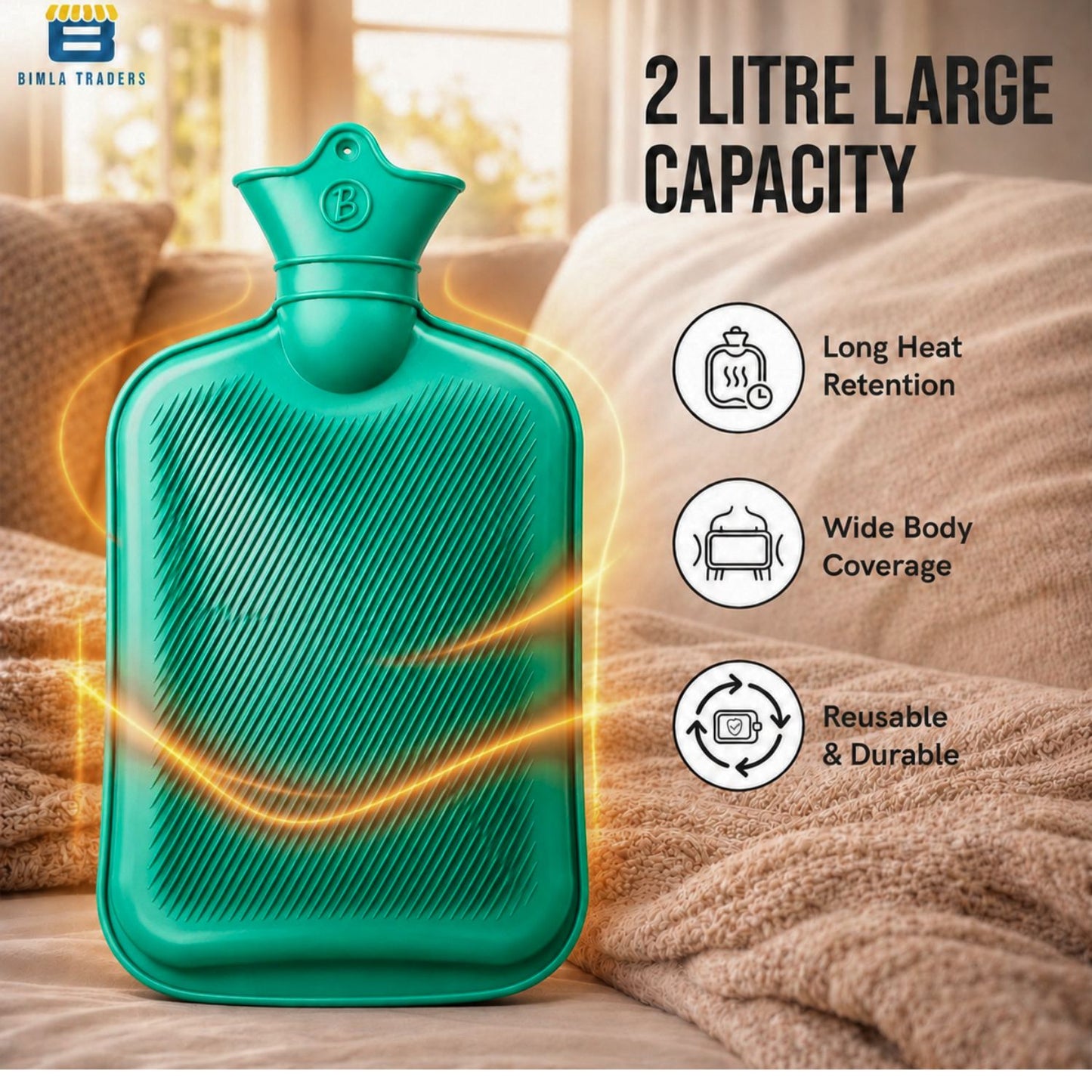Bimla Traders Hot Water Bag (2Ltr) for Pain Relief | Non-Electric Rubber Heating Bottle Period Cramps, Body Aches | Long Heat Retention