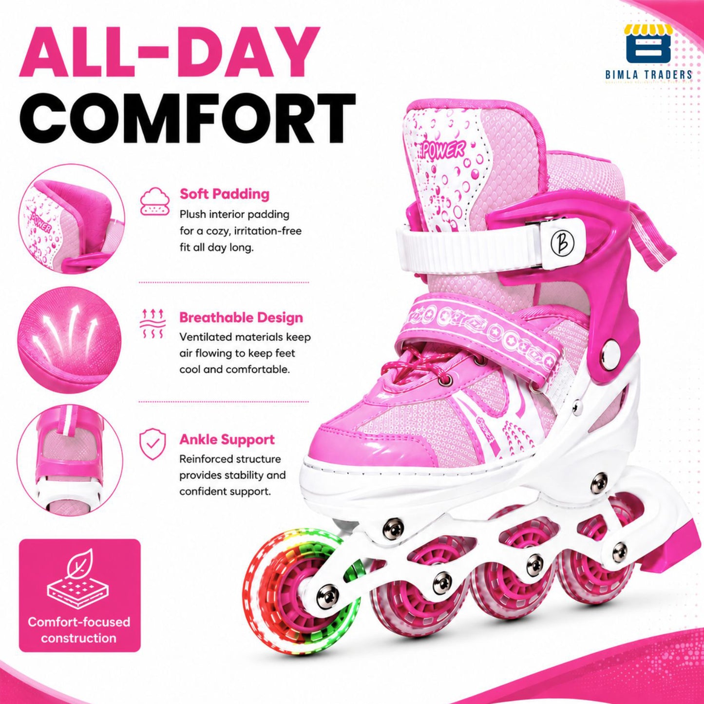 Btag Kids Inline Skates with 4 Wheels | Adjustable Roller Skate Shoes for Boys & Girls | Comfortable & Durable Skating Shoes | 1 Pair