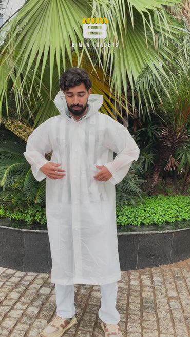 Btag Reusable EVA Hooded Raincoat| Transparent Waterproof Rain Wear for Men & Women | Elastic Full Sleeves | Front Button Design | Knee Length Free size